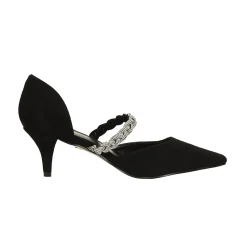 Décolleté scamosciate aperte ai lati con cinturino centrale con strass. Tacco alto 6cm
